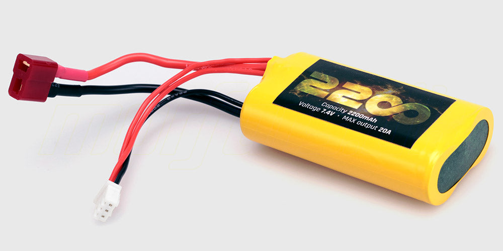 Li-ion 2200 mAh 7,4V batteripakke med rødt T-stik til fjernstyrede biler vist på hvid baggrund.