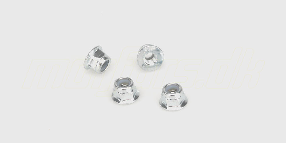 Sorte hjulmøtrikker i metal til montering af hjul på en fjernstyret bil vist på hvid baggrund.