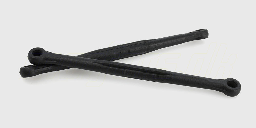 Komplet styretøjssæt med sorte plastarme og kugleled til fronten på en fjernstyret bil.