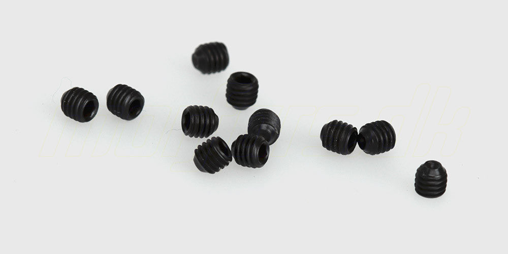 To sort metalelementer af typen pinolskrue 3x3 mm til montering i fjernstyrede biler.