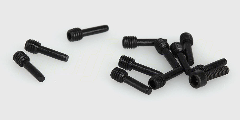 Sorte pinolskruer i målene 3x3 mm og 1.7x7 mm til montering og vedligeholdelse af fjernstyrede biler.