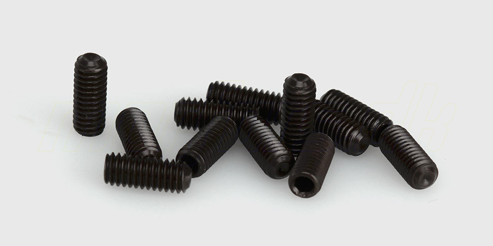 To sorte 4x10 mm pinolskruer til montering i fjernstyrede biler.