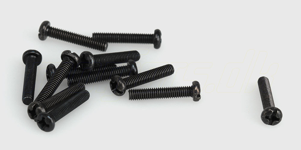 Rundhovedet sølvfarvet maskinskrue med mm-gevind i størrelsen 3x16 mm til montering af dele på en fjernstyret bil.