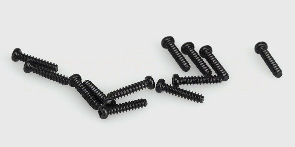 Sort rundhovedet selvskærende skrue 2.6x12mm til montering i fjernstyrede biler.