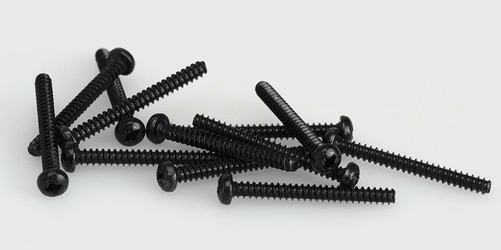 Sort rundhovedet selvskærende skrue på 2,6x25mm til montering af dele i fjernstyrede biler.