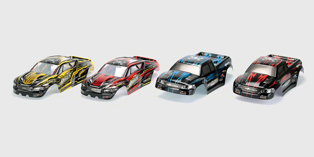 Sort Spirit XL karrosseri med røde og hvide detaljer til fjernstyret monster truck vist på hvid baggrund.