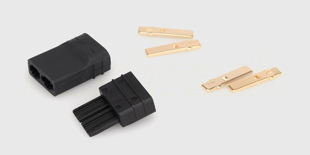 Sort Traxxas TRX-stik han og hun med guldbelagte terminaler til fjernstyrede biler.