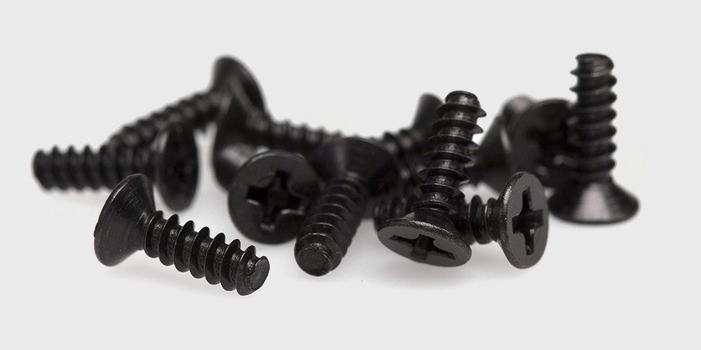 Sæt med undersænkede selvskærende 3x10mm skruer til montering i plastdele på fjernstyrede biler.