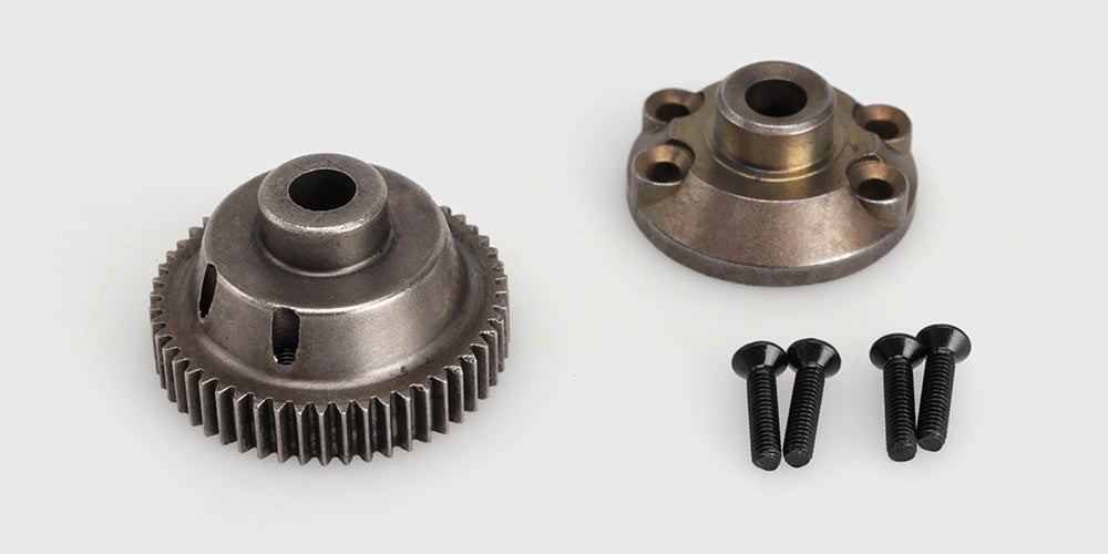 Robust differentialhovedtandhjul i metal til fjernstyrede biler, vist fra siden for at fremhæve de præcise tænder.
