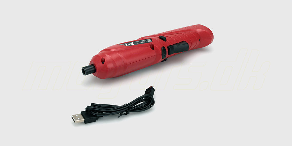 Sort og rød RC skruemaskine med ergonomisk greb til hurtig vedligeholdelse af fjernstyrede biler.