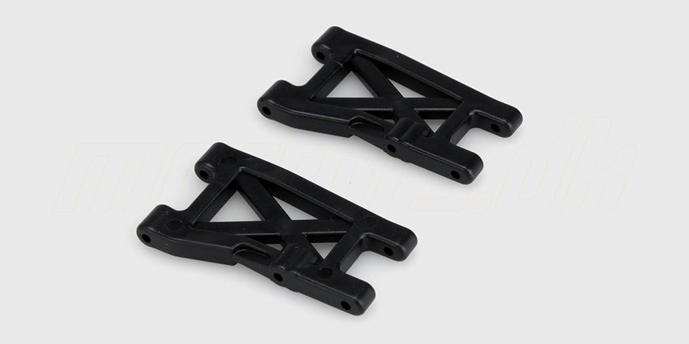To sorte suspension arms i robust plast til Hurricane fjernstyret bil vist på en hvid baggrund.