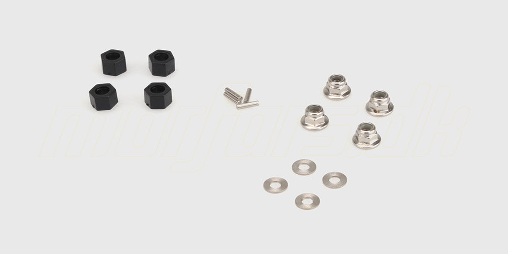 Sæt med hjulmøtrikker og diverse metalreservedele til hjul på en fjernstyret bil.