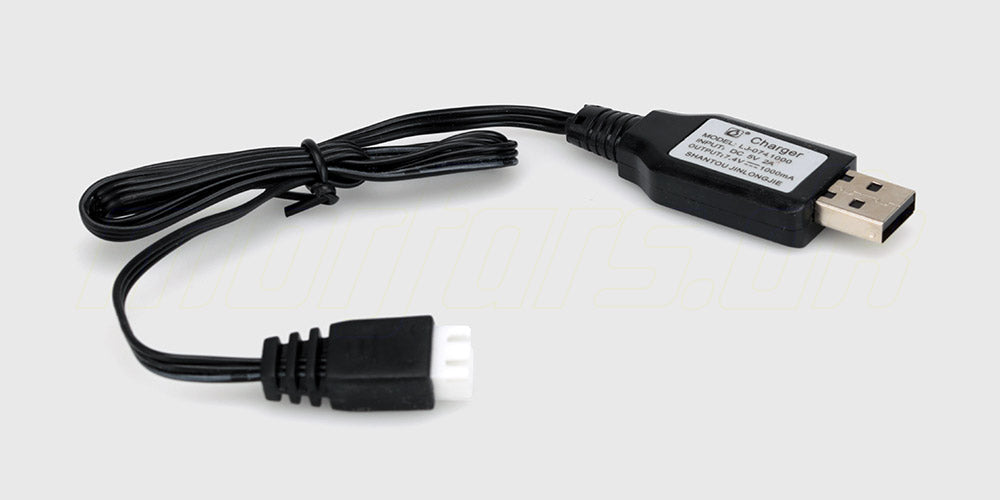 Sort Ravage 2S LiPo USB-oplader med hvidt balance-stik til fjernstyret bil.