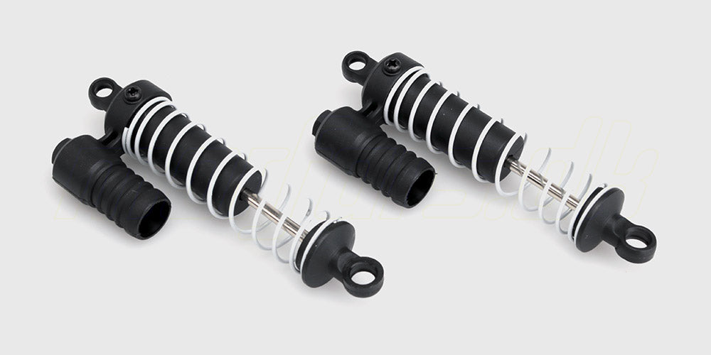 To sorte Quakeshock støddæmpere med sølvfarvede fjedre til fjernstyret monster truck vist på hvid baggrund.