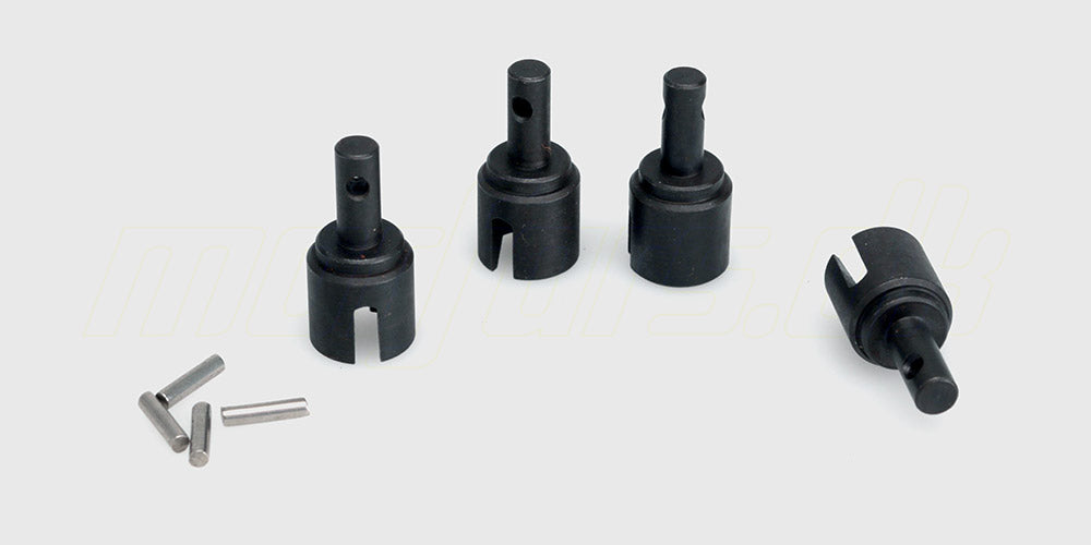 To sorte metal outdrive cups til transmissionen på en HBX Ravage fjernstyret bil.