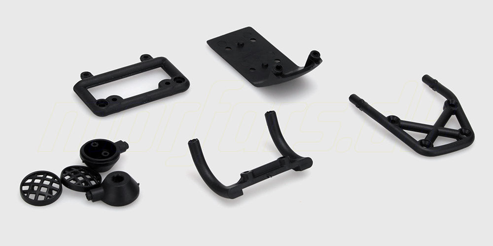 Sort Vortex braces assembly i plast monteret med metalstænger til chassisforstærkning af fjernstyret bil.