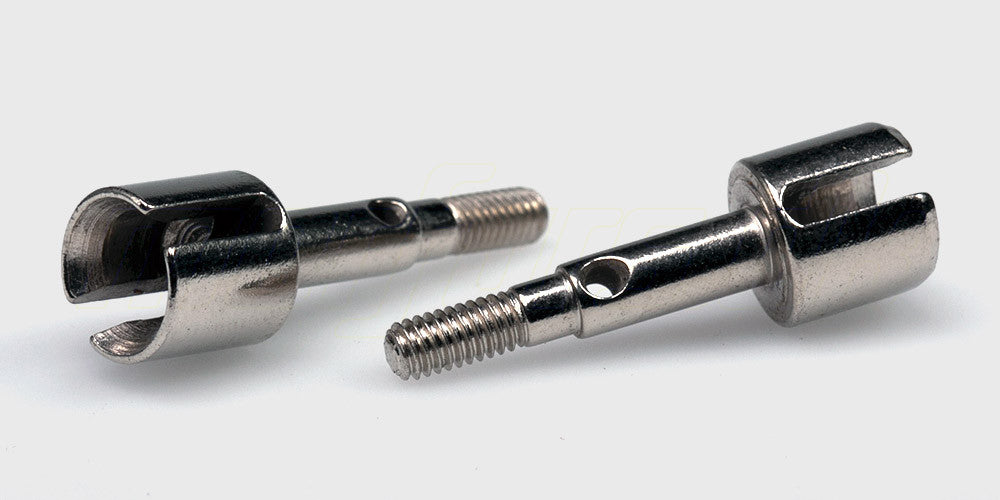 To hjulaksler i metal til fronten på en fjernstyret bil.