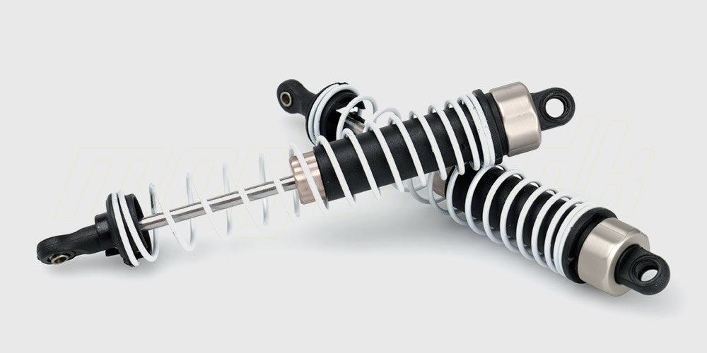 To sorte bagstøddæmpere med sølvfarvede fjedre til fjernstyret bil vist på en hvid baggrund.