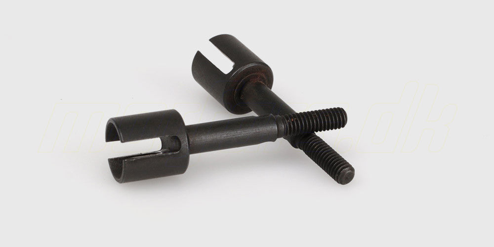 To robuste baghjulsaksler i metal til montering på baghjulene af en fjernstyret bil.