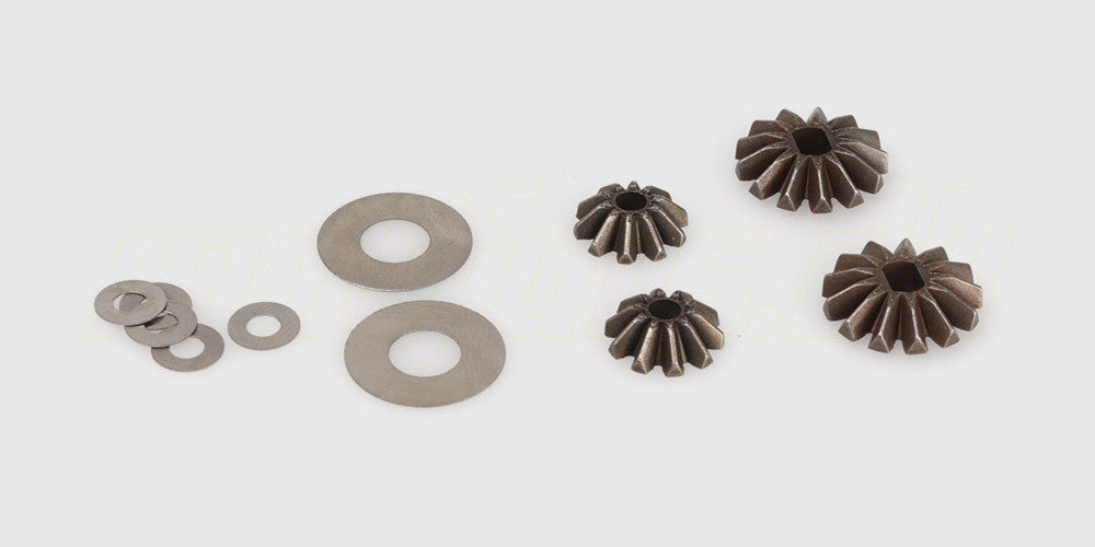 Sæt med små differentiale pinions og shims i metal til fjernstyret bil.