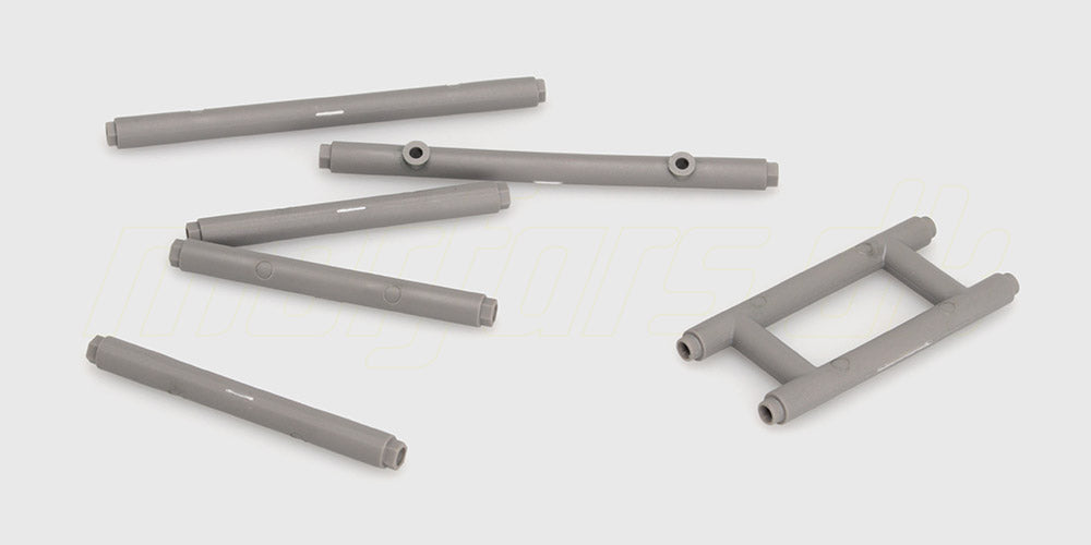 To sorte vinklede rails til et roll cage til en fjernstyret bil.