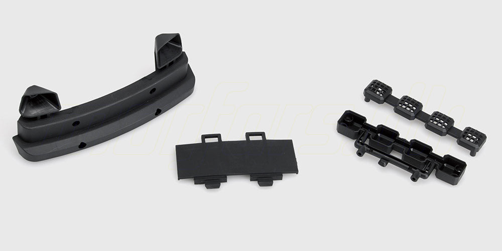 Sort forkofanger med tilhørende lygteholdere og batteridæksel til fjernstyrede biler.