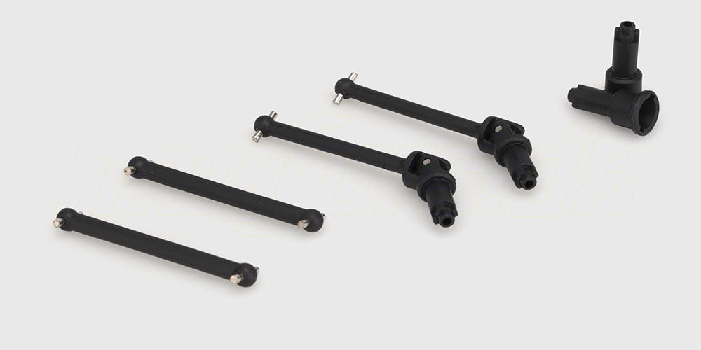 To sorte drive shafts i metal til Ravage fjernstyret bil vist på en hvid baggrund.