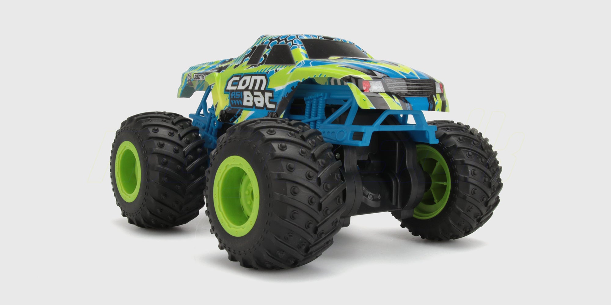 Blå Flash4 Monster Truck fjernstyret bil med store terrængående hjul og robust affjedring.