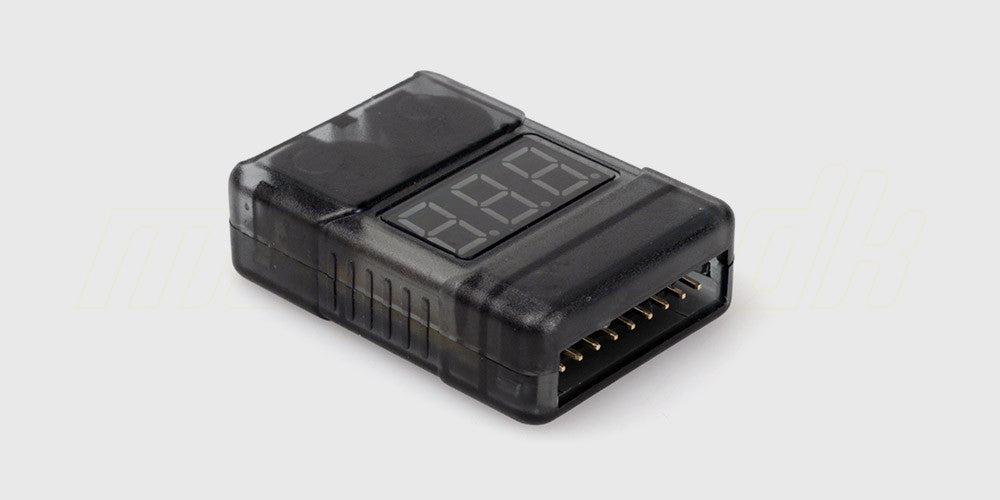 Kompakt LiPo Buzzer V2 med digitalt display og dobbelt alarm til overvågning af batterispænding.