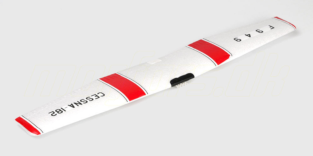 Hvid hovedplan til WLtoys F949 fjernstyret fly med monterede dekaler klar til montering.