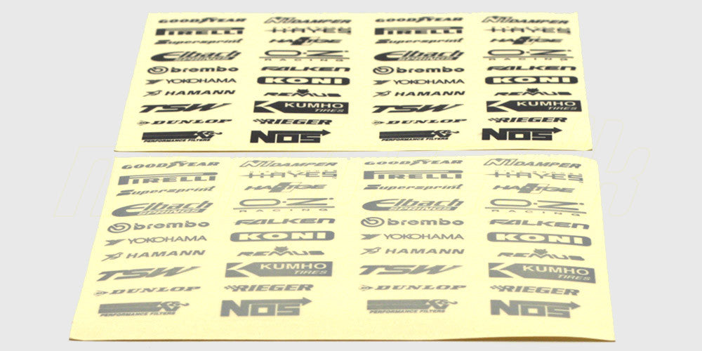 To ark med Racez klistermærker til fjernstyrede biler i både sort og sølv med forskellige sponsorlogoer.