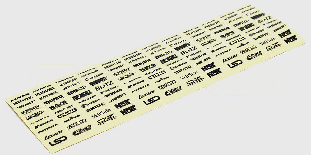 Smallz klistermærkeark med små hvide logoer til realistisk detaljering af fjernstyrede biler.