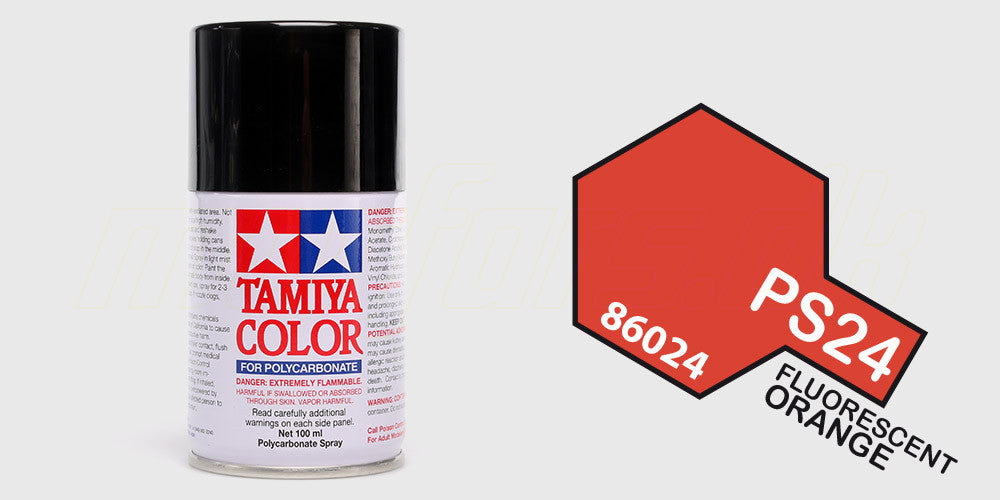 Spraydåse med Tamiya Color PS-24 fluorescerende orange maling til lexan-karosserier på fjernstyrede biler.