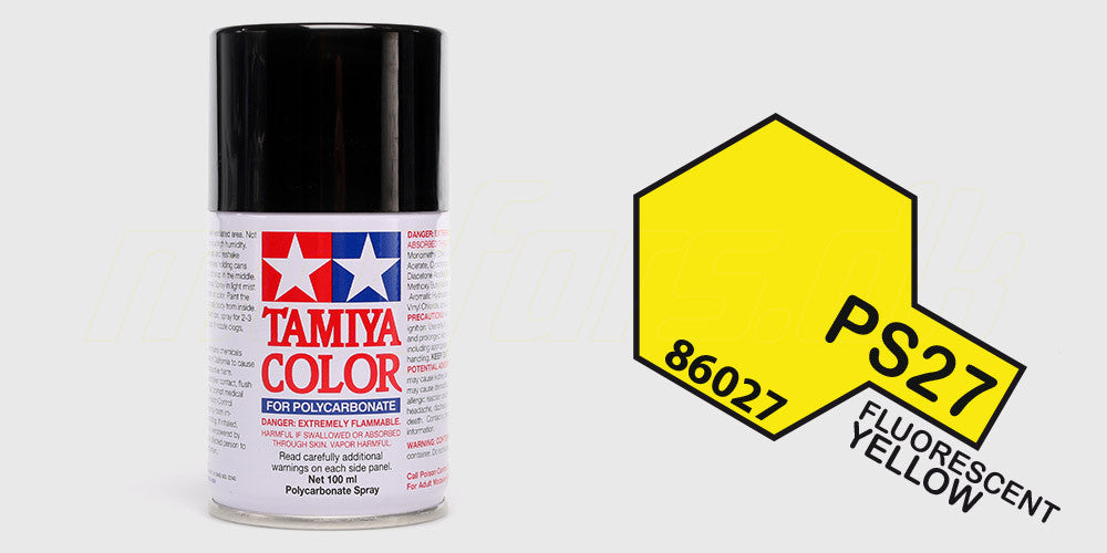 Spraydåse med Tamiya Color PS-27 Fluorescent Yellow lexanmaling til fjernstyrede biler.