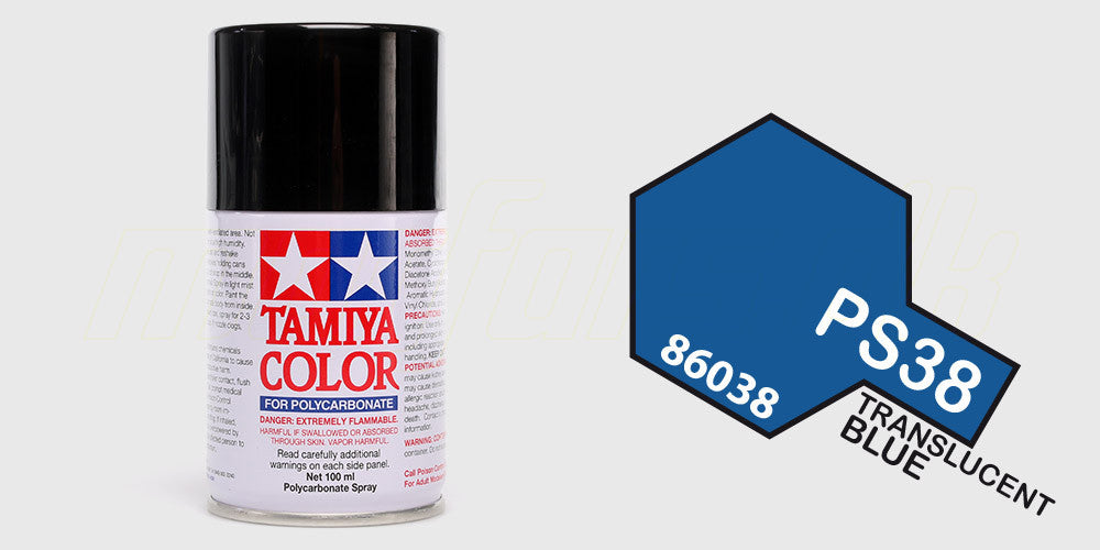 Spraydåse med Tamiya PS-38 Translucent Blue maling til gennemsigtig lakering af fjernstyrede bilers karrosseri.