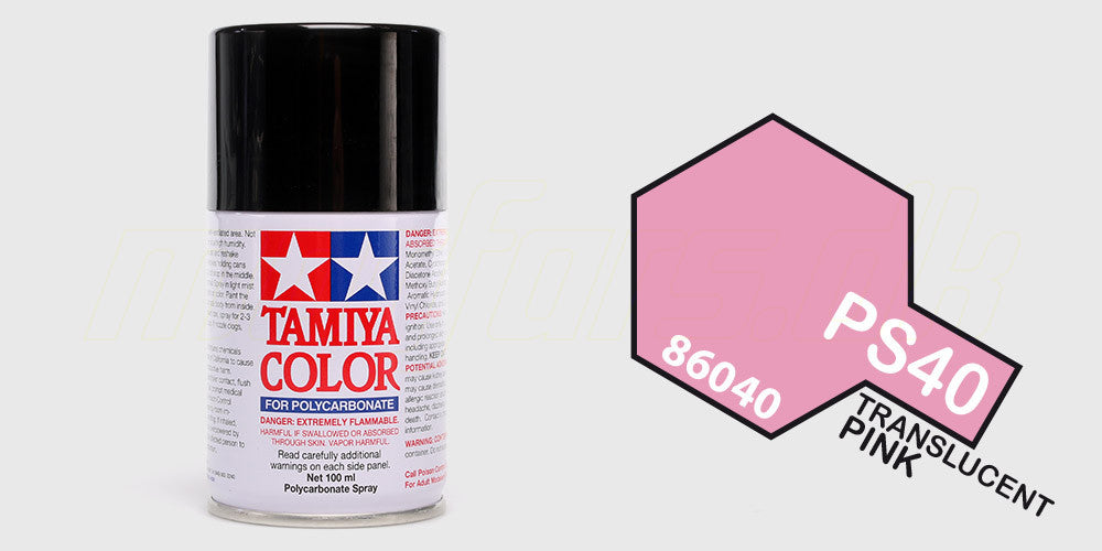 Tamiya Color PS-40 gennemsigtig lyserød spraymaling til fjernstyrede bilers polykarbonatkarosserier.