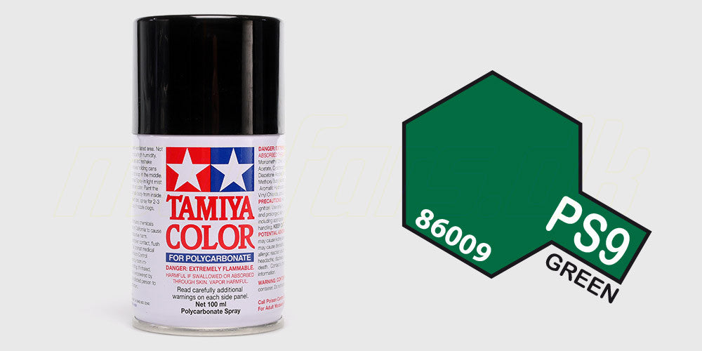 Spraydåse med Tamiya Color PS-9 Green maling til lakering af fjernstyrede biler med polycarbonat karosserier.