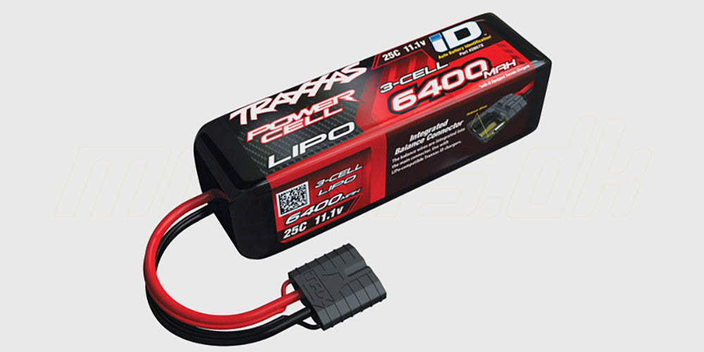 Traxxas Power Cell 11.1V 6400mAh 3S LiPo batteri med iD-stik til fjernstyrede biler vist på hvid baggrund.
