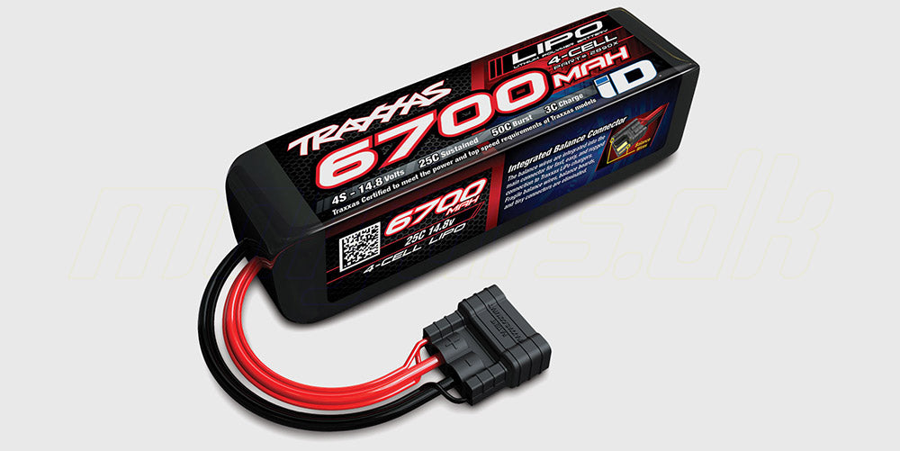 Traxxas Power Cell 14.8V 6700mAh 4S LiPo batteri i sort hardcase med iD-stik til fjernstyrede biler.