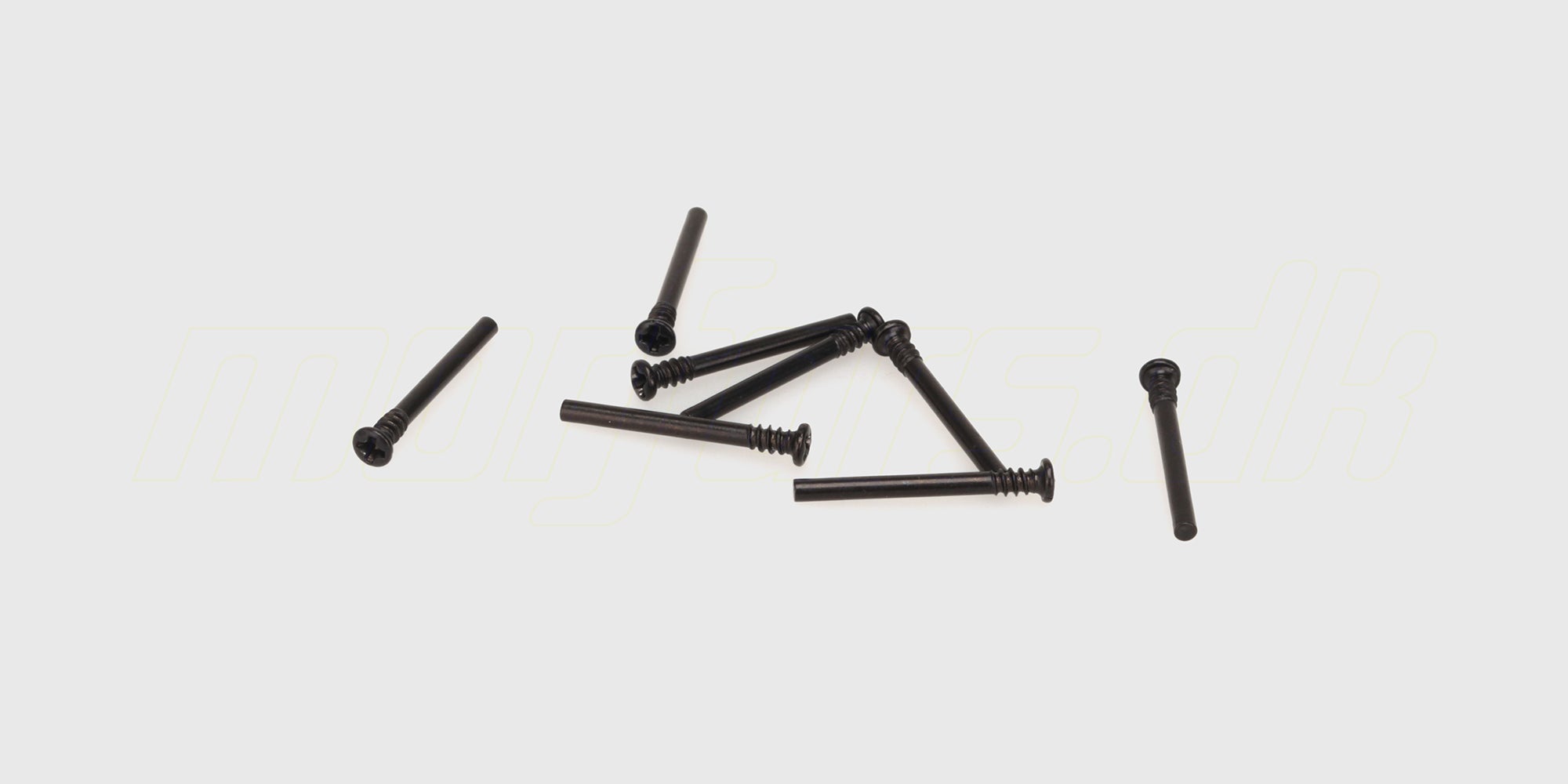 To sorte 2,3x22 mm skruer med delgevind og fladt hoved til montering af dele på en fjernstyret bil.