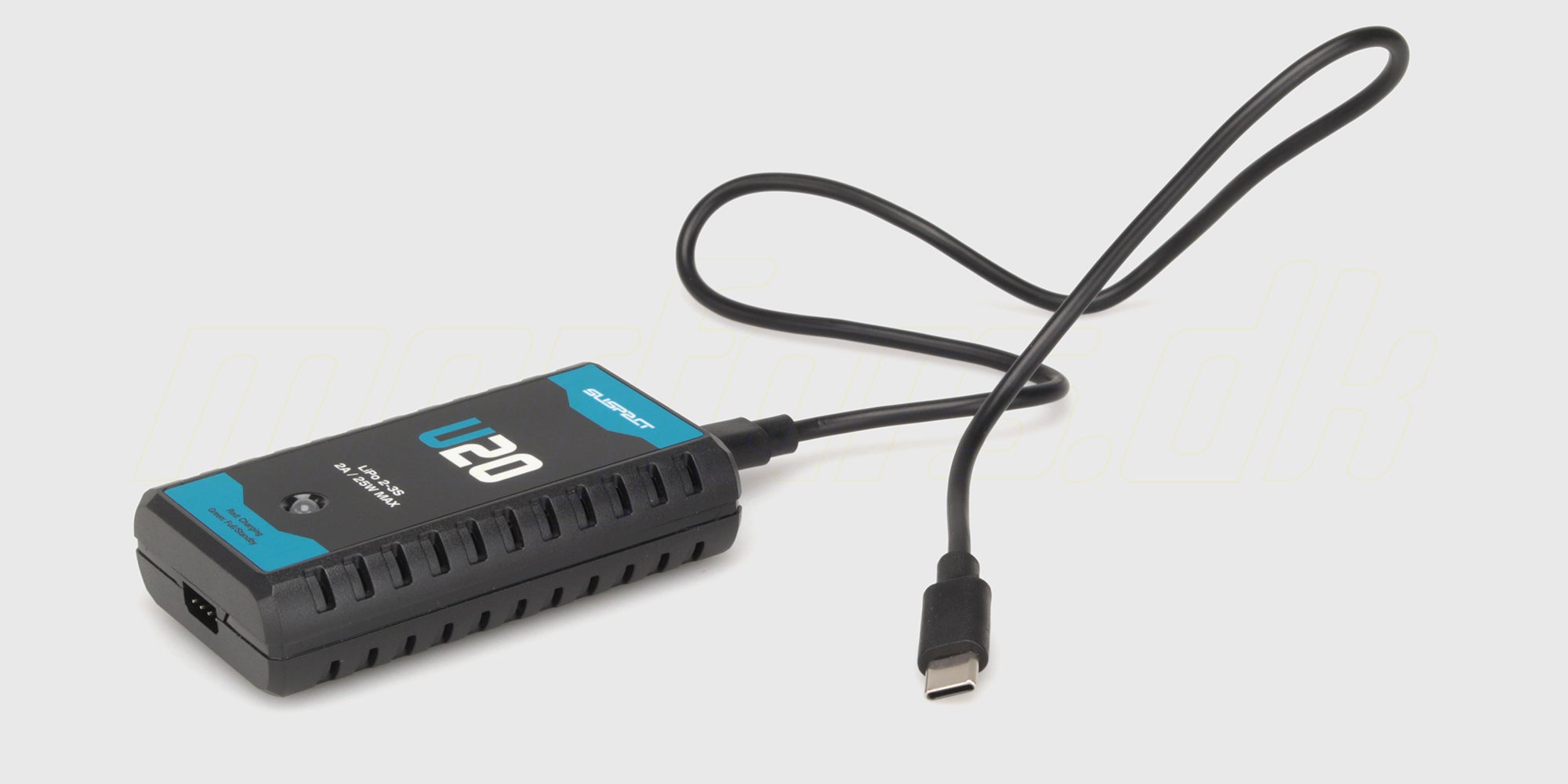 Sort Charger U20 batterioplader til fjernstyrede biler med LED-indikatorer og strømstik vist på hvid baggrund.