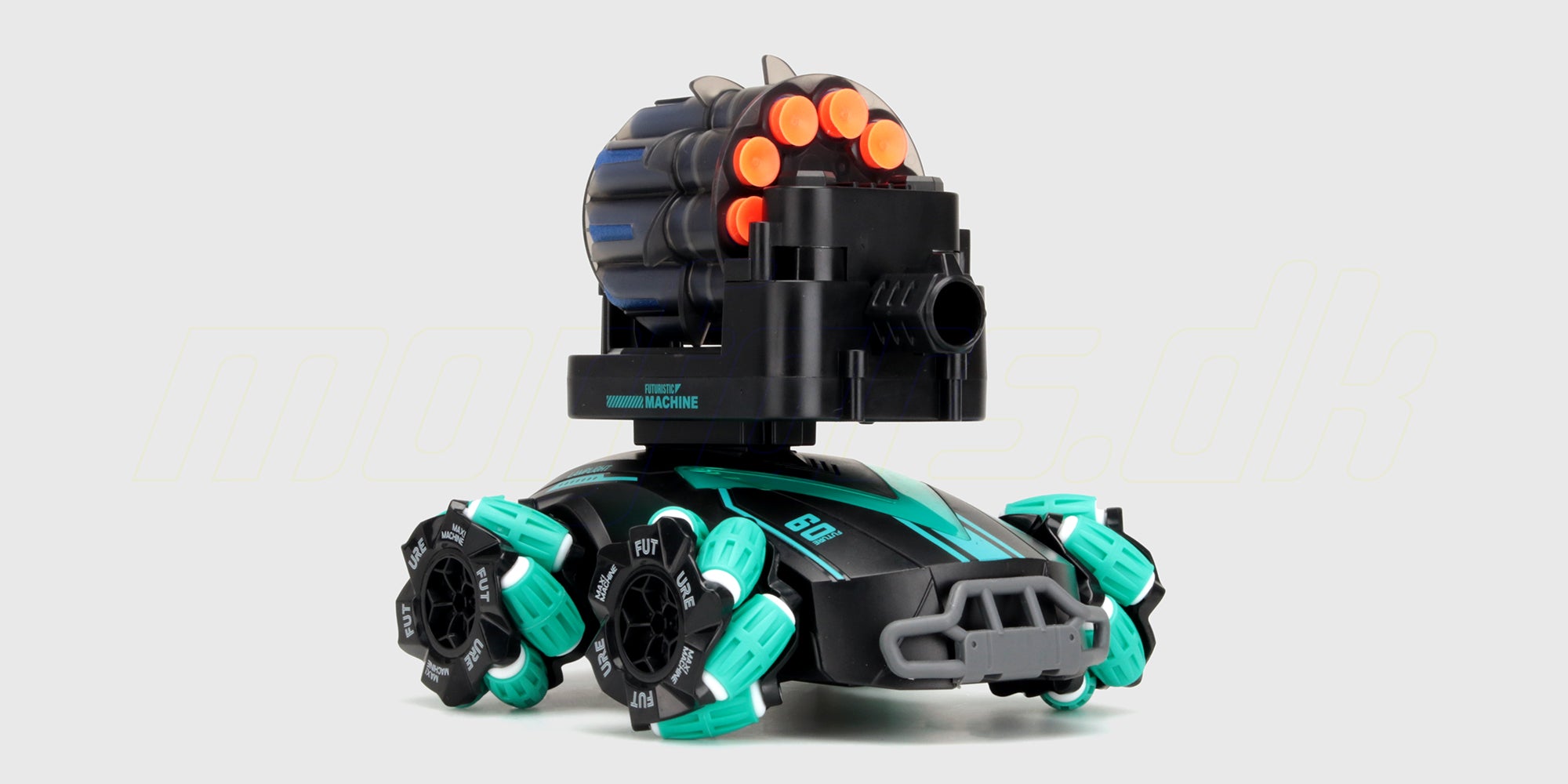 Sort hvid Drift Shooter fjernstyret bil med dæk designet til drift og hurtig kørsel på jævne overflader.