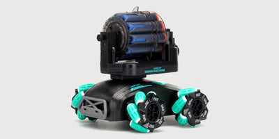 Sort Drift Shooter fjernstyret bil med gule detaljer set fra siden på en hvid baggrund.