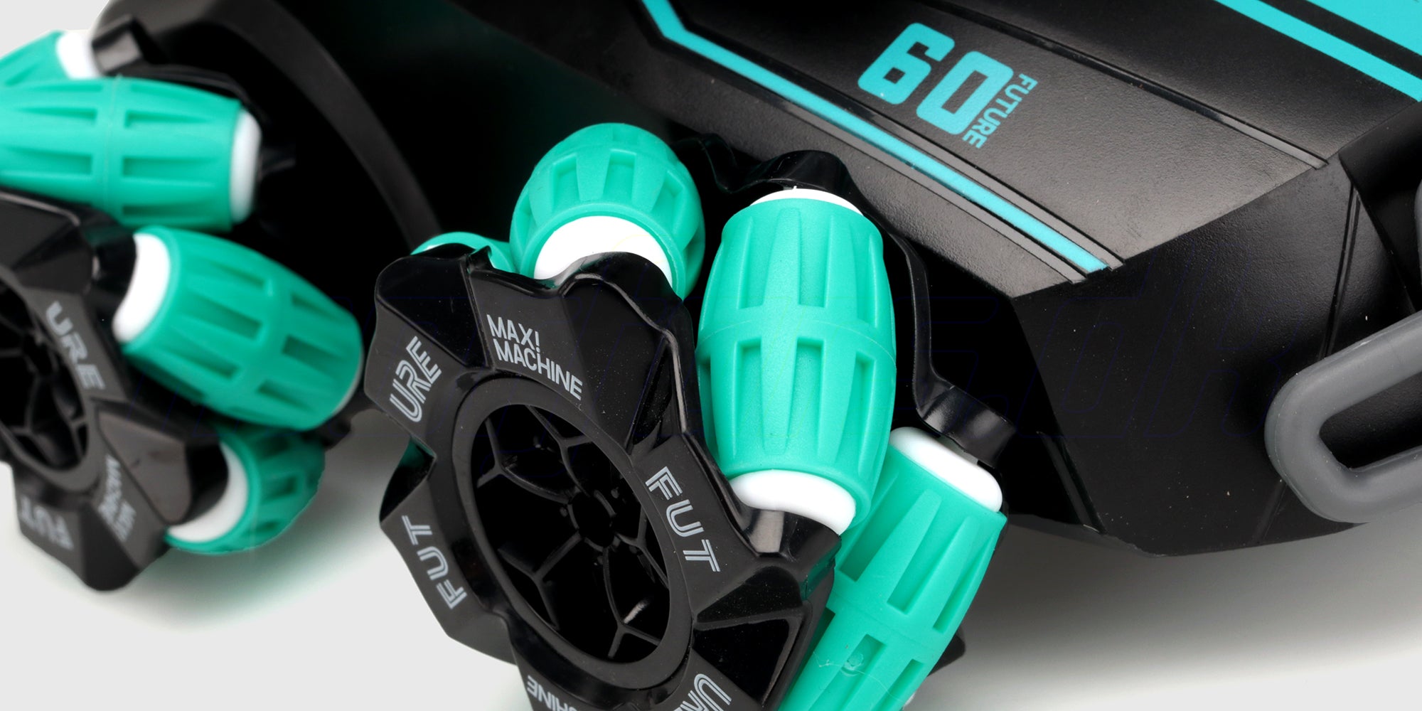 Hvid og blå Drift Shooter fjernstyret bil vist fra siden med detaljerede stafferinger.