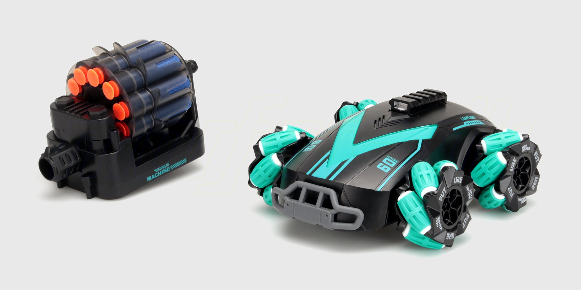 Sort Drift Shooter fjernstyret bil med gule detaljer set fra siden på hvid baggrund.