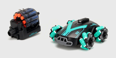 Sort Drift Shooter fjernstyret bil med gule detaljer set fra siden på hvid baggrund.