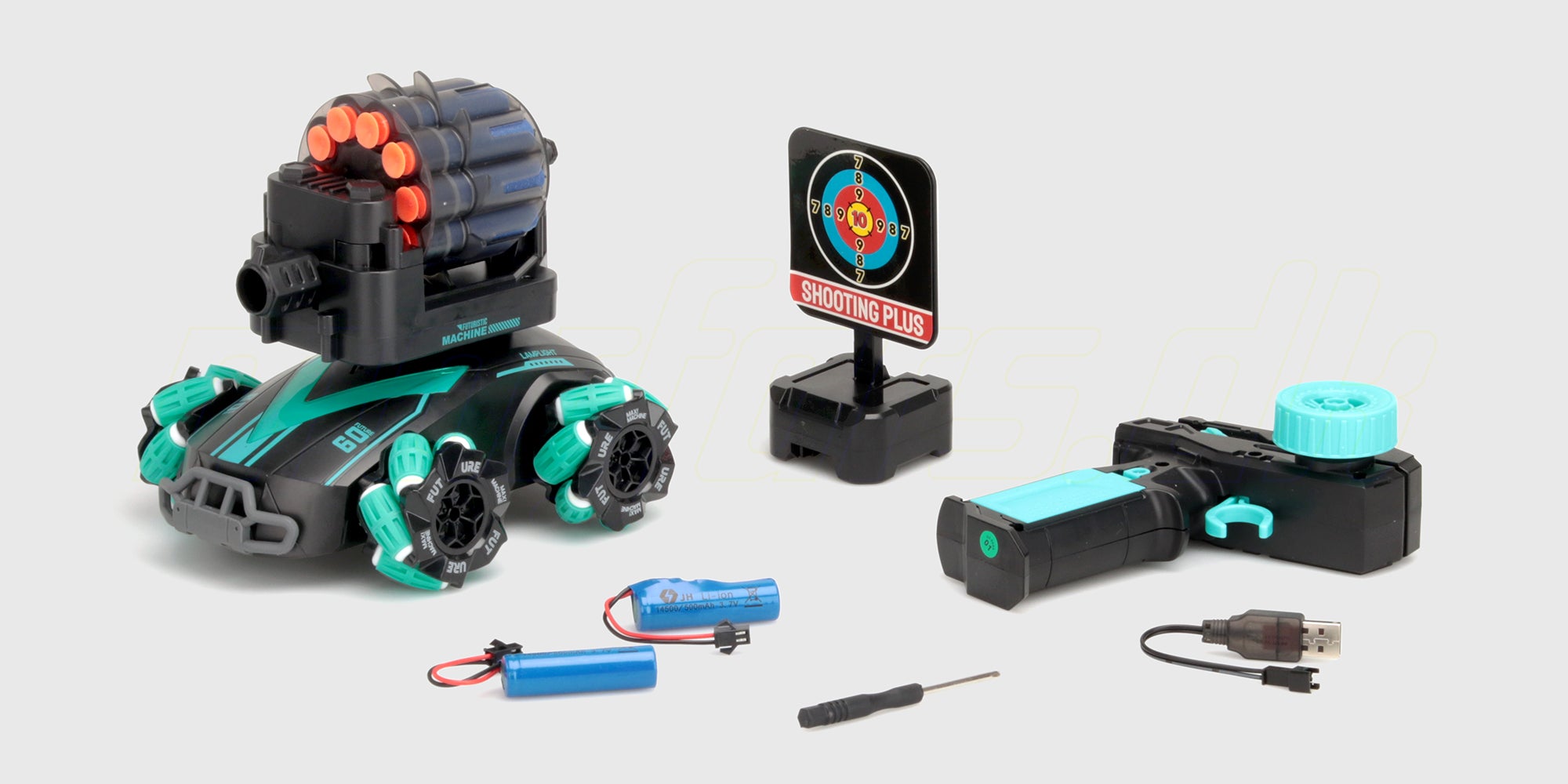 Sort Drift Shooter fjernstyret bil med skydetårn til skum-pile og omni-hjul til kørsel i alle retninger.