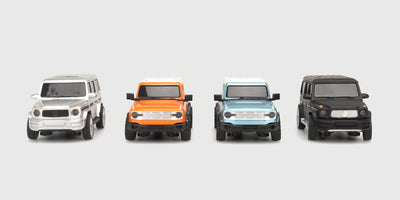 Mini FPV Car fjernstyrede biler i forskellige farver vist sammen på en række på hvid baggrund.