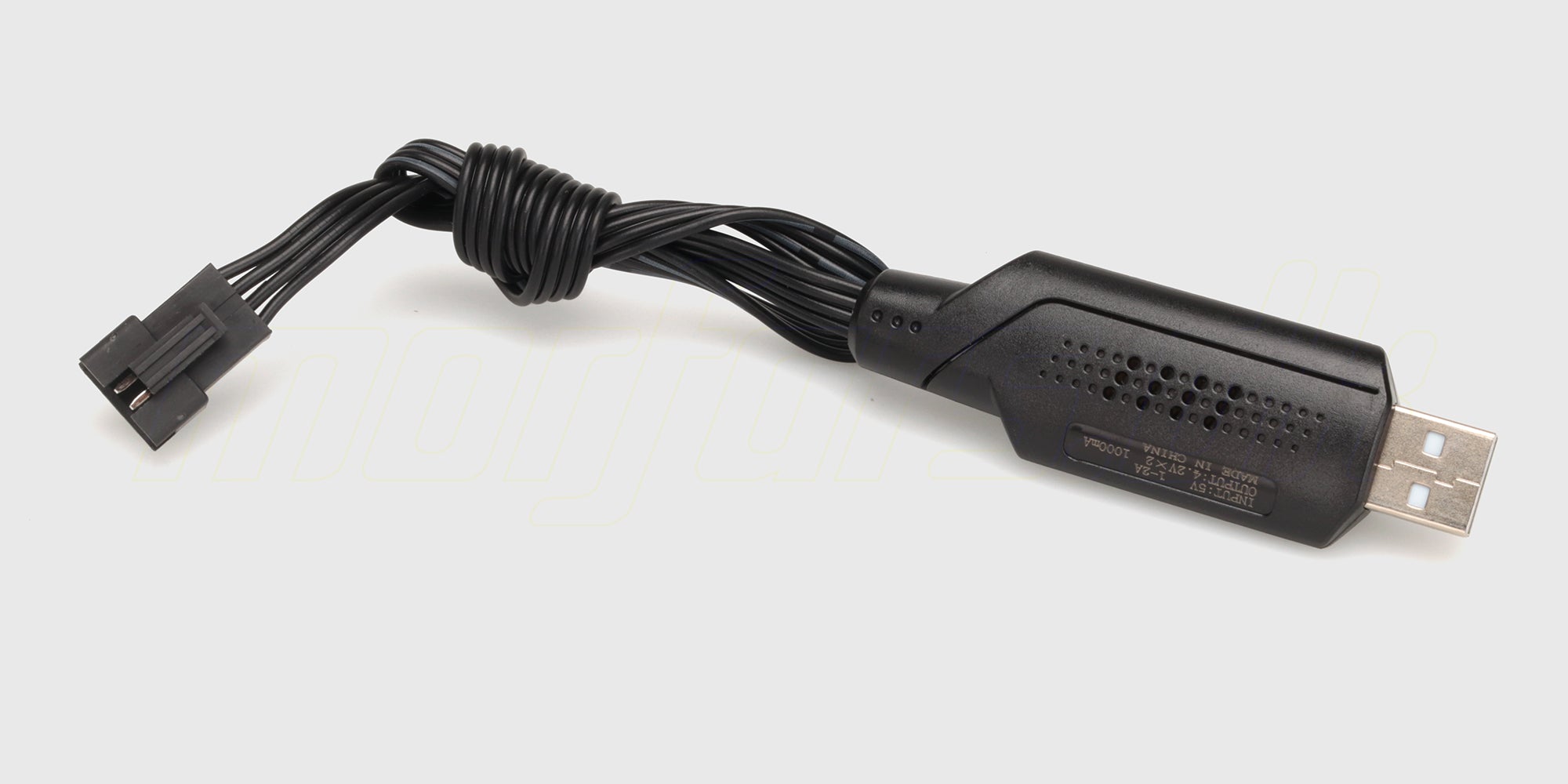 Sort Hunter USB oplader med rødt indikatorlys og hvidt batteristik til fjernstyrede biler.