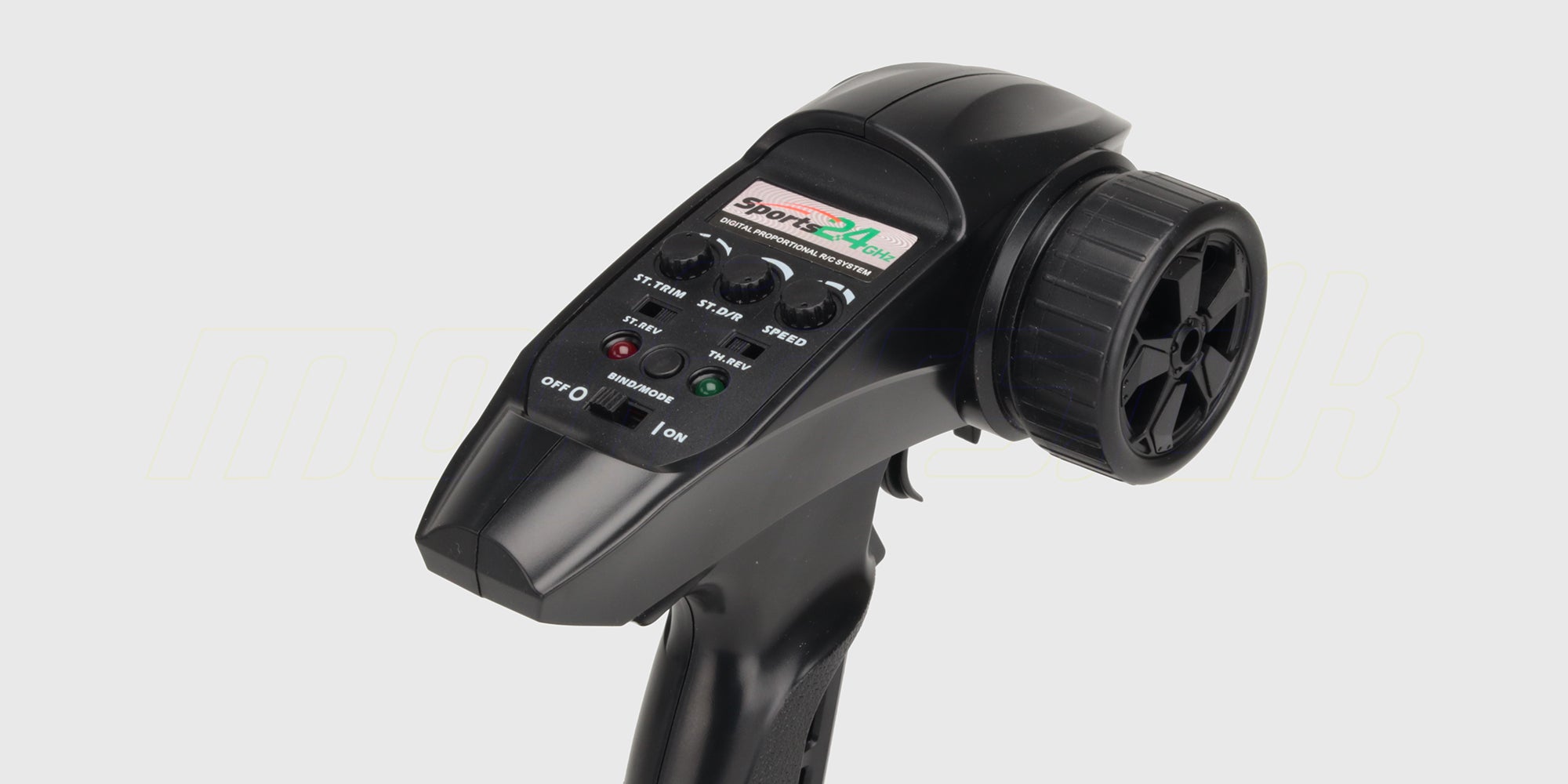 Sort fjernstyring til HBX Tornado Brushless med drejeknap til justering af bilens topfart.